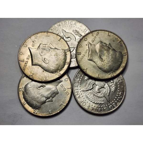 Five 40% Silver Kennedy Half Dollars - $2.50 Face Value
