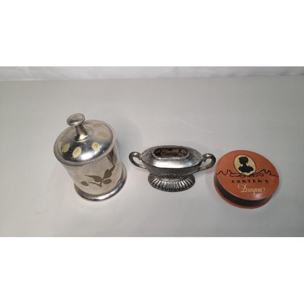 Vintage Canister, Occupied Japan Tabletop Lighter Body & Carter's Dragon Typewriter Ribbon Tin