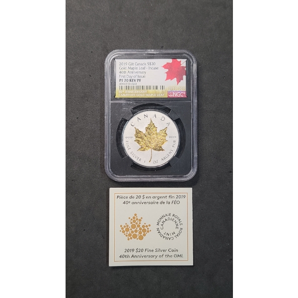 2019 NGC Canadian 4Oth Anniversary PF 70 REV PF GILT Incuse $20 1 oz 9999 Silver Maple Leaf