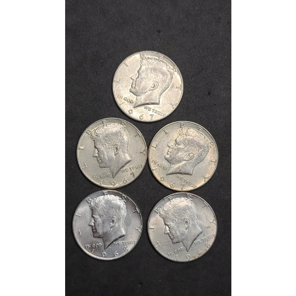(5) 1967/1968 40% Silver Kennedy Half Dollars - Face Value: $2.50