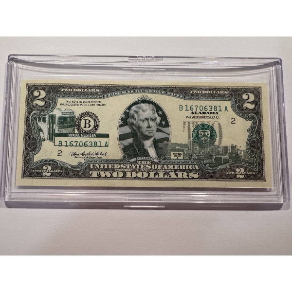 2003 United States Jefferson ALABAMA $2.00 Bill In Hard Case Holder - Mint Condition - RARE
