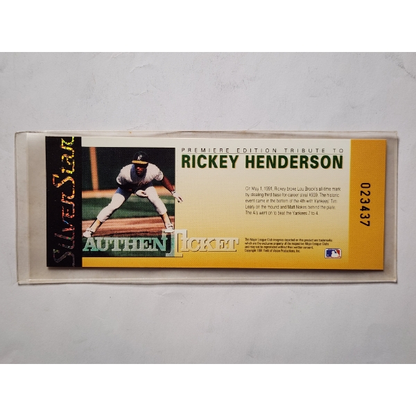 Rickey Henderson Premiere Edition Tribute Ticket 1991 Field Of Vision Silver Star 