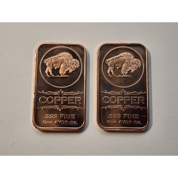 (2) 1 AVDP ounce .999 Fine Copper Bars ft. Buffalo Design - 2 oz Total