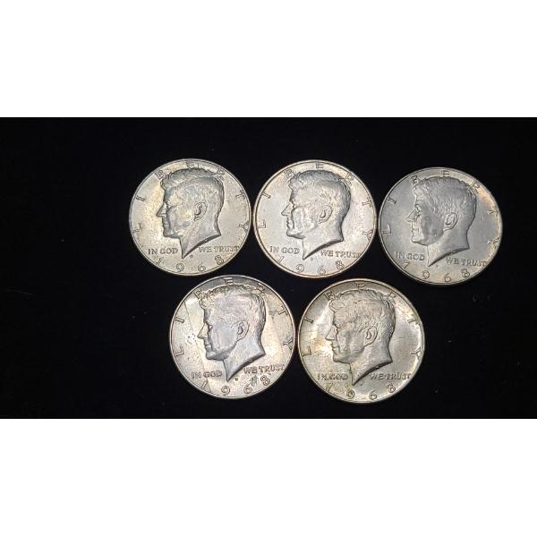 (5) 1968 40% Silver Kennedy Half Dollars - Face Value: $2.50