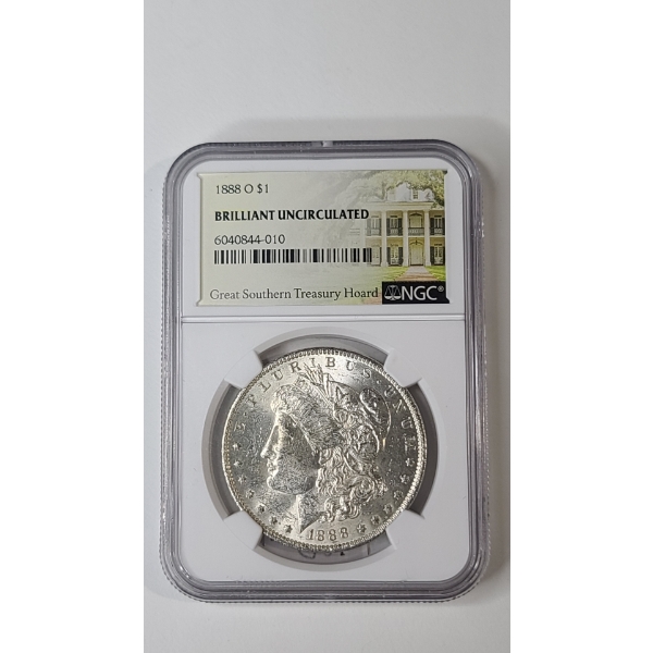 NGC 1888-O Brilliant Uncirculated Morgan 90% Silver Dollar In "Great Southern Treasury Hoard" Slab 