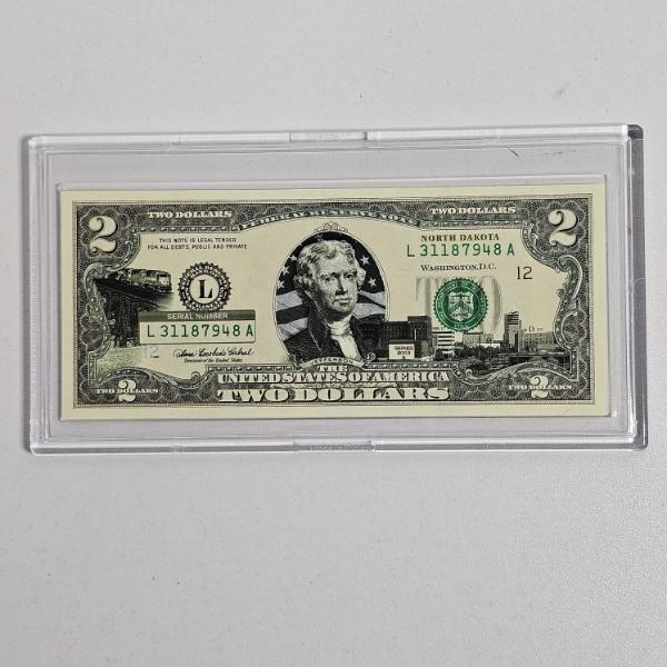 2003A Series $2 Federal Reserve Note featuring a Custom North Dakota Statehood Overlay
