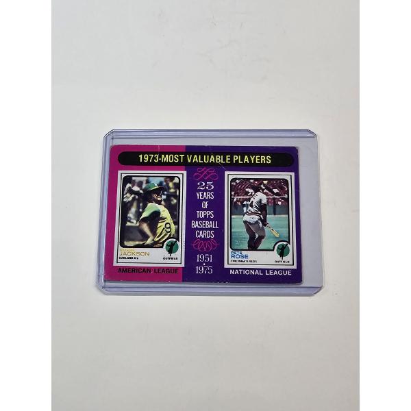 1975 Topps Baseball Card #211 ft. 1973 MVP's Reggie Jackson and Pete Rose