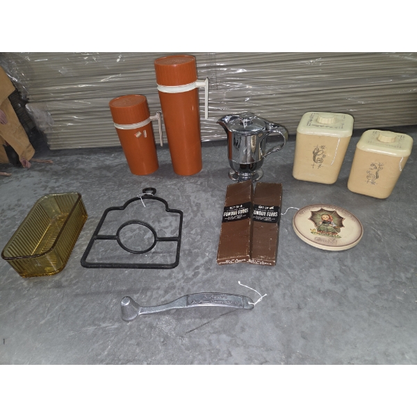 Vintage Thermos Set, Amber Ice Box Dish, Coffee & Tea Canisters & Candle Snuffer
