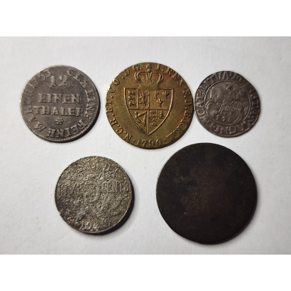 Five Assorted Older Vintage Foreign World Coins Including Pre-1800 Dated Coin! 