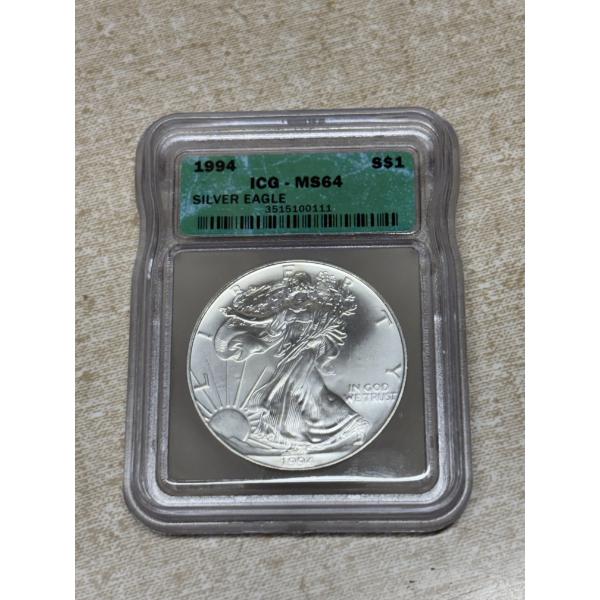 1994 ICG-MS64 Silver Eagle Dollar - FV $1.00 - .999 Silver (pure Silver) - Encapsulated 