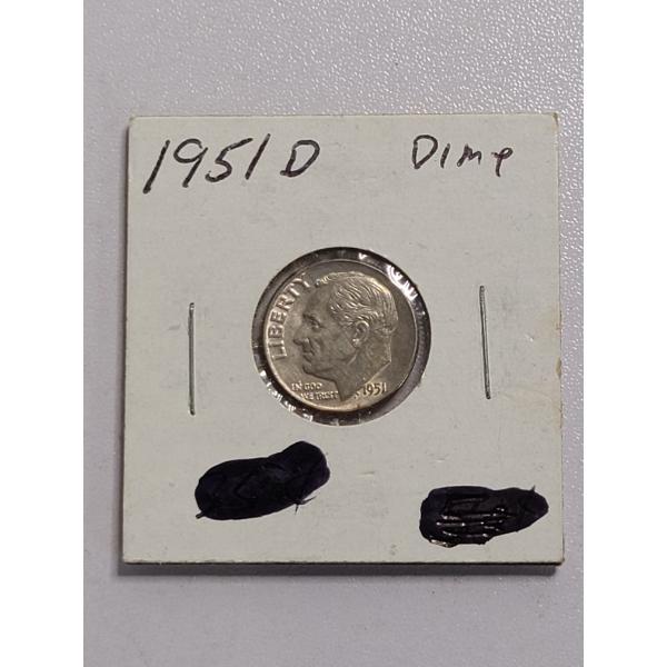 1951D Silver Dime - 90% Silver - ASW: 0.0723 oz - Mintage: 56,529,000