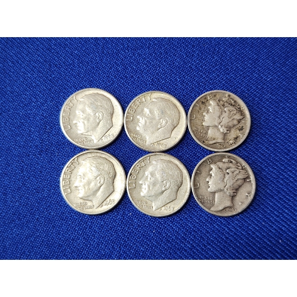 x6 Assorted Years 90% Silver Roosevelt and Mercury Dimes FV: $0.60