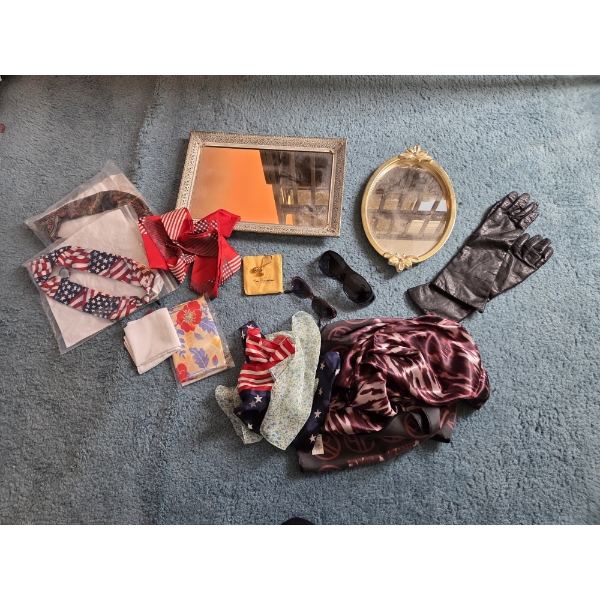 PICKUP IN CANTON - Collection Of Scarves And Ties, Leather Gloves, Two Table Mirrors & More