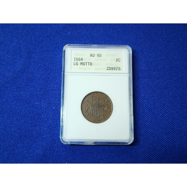 1864 United States Large Motto Two-Cent Piece ANACS AU 50