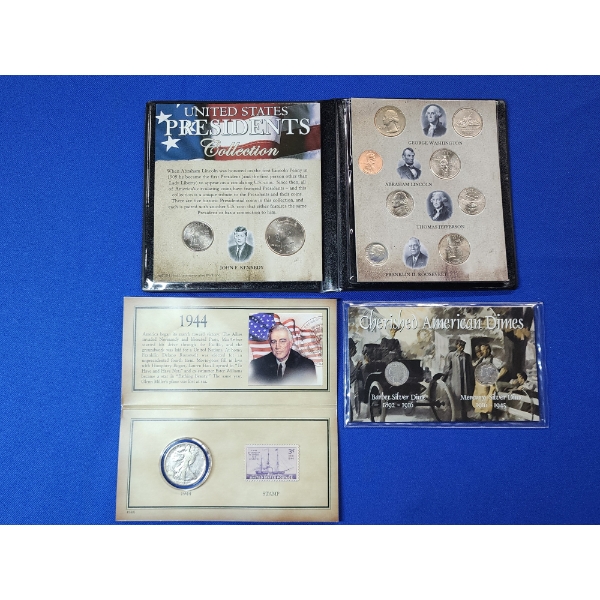 U.S. Coins: 1944 Walking Liberty Half Dollar, x2 Silver Dimes, U.S. Presidents Collection
