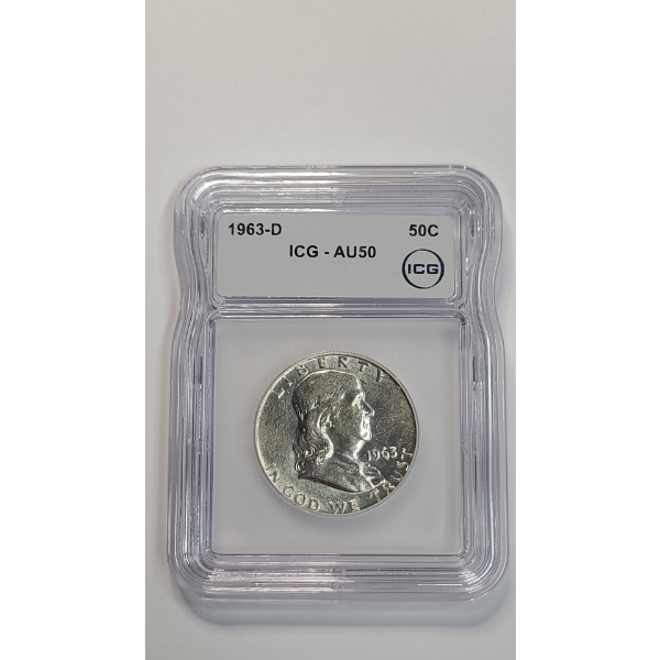 ICG 1963-D AU50 90% Silver Franklin Half Dollar