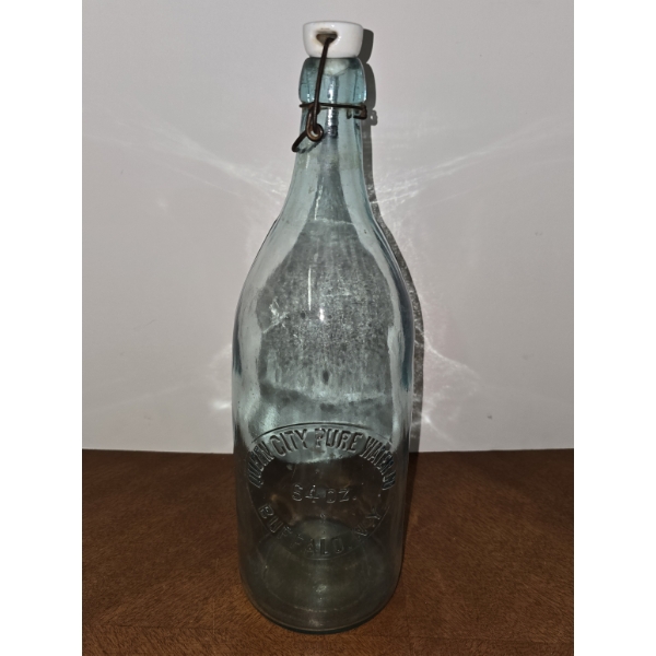 Vintage Buffalo NY Queen City Pure Water Co Bottle, Swing Porcelain Stopper - 64oz - 14"
