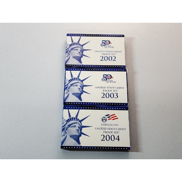 x3 United States Mint 50 State Quarters Proof Sets: 2002, 2003, 2004 in Original Packaging w/ CoA