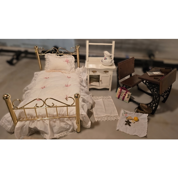 Set of Doll Furniture incl Bed, School Desk w/ Books, 15" Wash Table and More