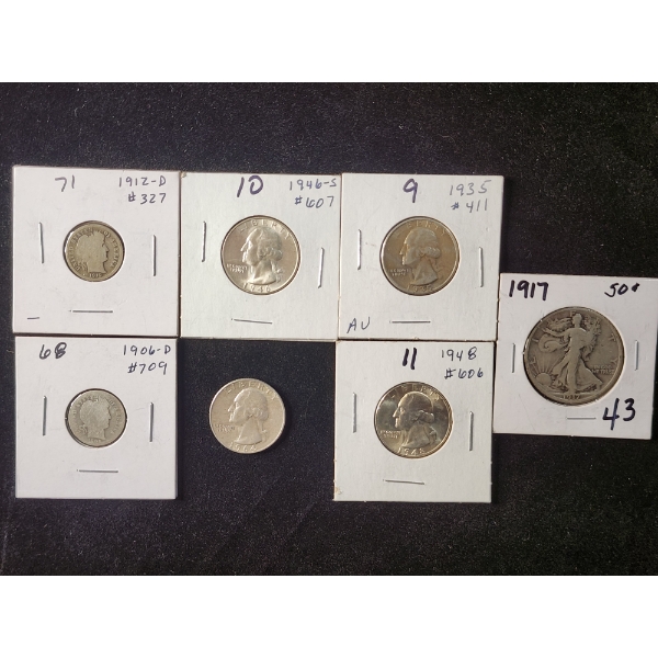 Assorted United States 90% Silver Coins Ft. Barber Dimes, Quarters & Walking Liberty Half - FV $1.70