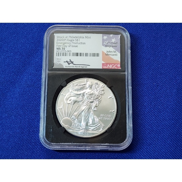 2020 $1 1 oz American Silver Eagle NGC MS 70 Mercanti Signed First Day of Issue