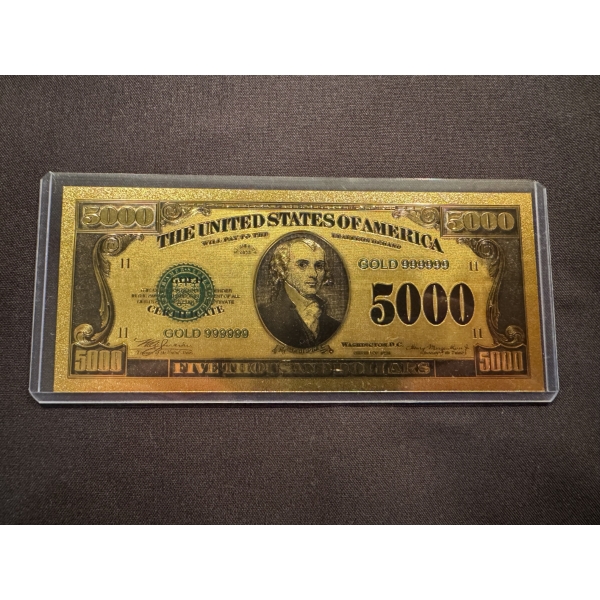 $5,000 James Madison Pure 24k .999999 Gold Foil Note In Protective Holder - Mint Condition