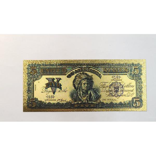 1899 Reproduction Novelty 24K Gold Leaf $5 Indian Chief Silver Certificate Note