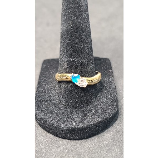 Women's Sterling Silver Ring With Blue & Clear Heart Shaped Stones (Engraved) -Size 9 - Weight: 2.8g
