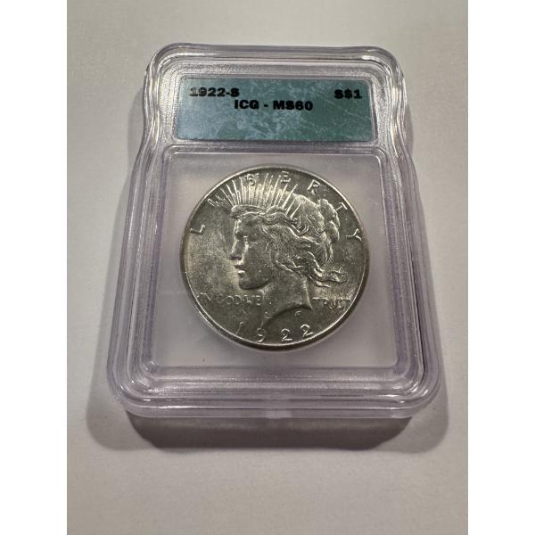 1922-S United States Peace Silver Dollar - Graded ICG MS 60 - Beautiful Coin