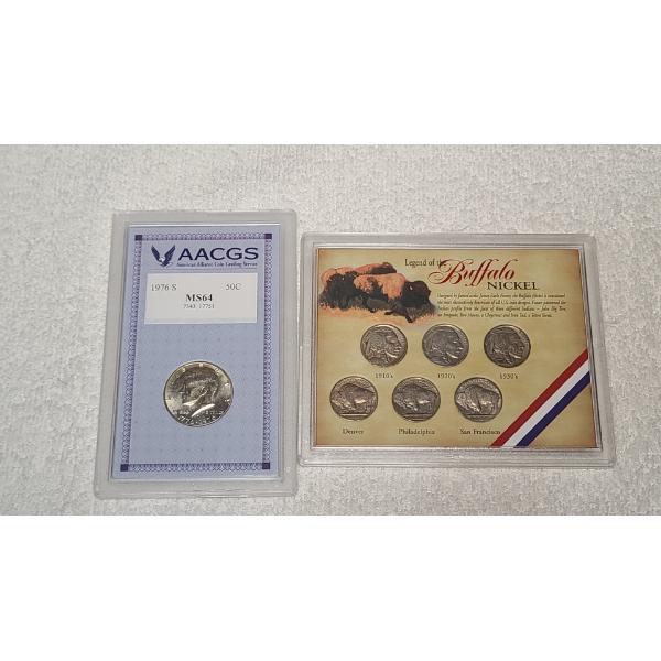 AACGS 1976-S MS64 Bicentennial Kennedy Half Dollar & Legend Of The Buffalo Nickel Collection Display