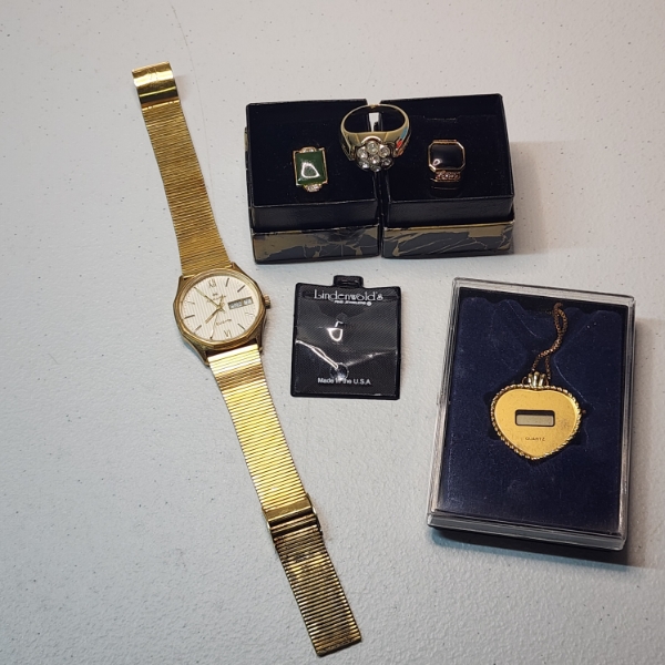 Lot of Assorted Gold-Tone Costume Jewelry: Watch, Rings, Necklace, Loose Stone