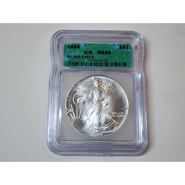 ICG Graded MS65 1994 American Silver Eagle - 1 oz .999 Fine Silver 