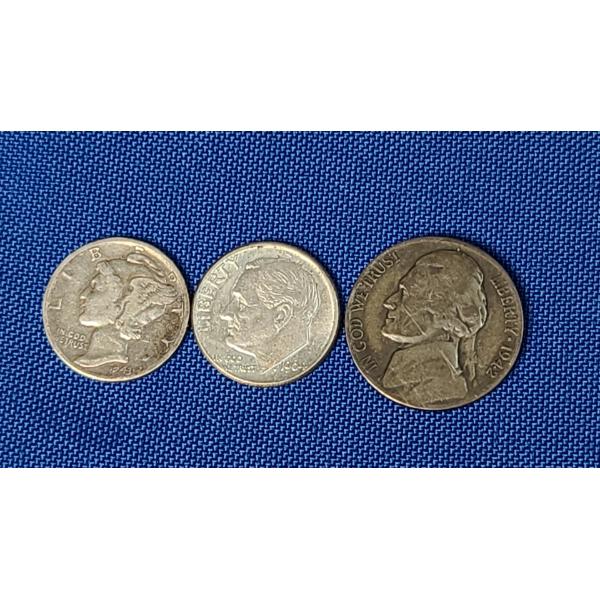 Silver 1943 Mercury Dime, 1964 Roosevelt Dime & 1942-S Silver Wartime Nickel - Face Value: $0.15 