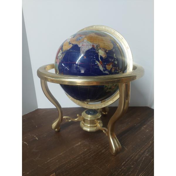 Polished Semi Precious Stone 8" Globe & Compass - Mounted On Tri Footed Brass Stand
