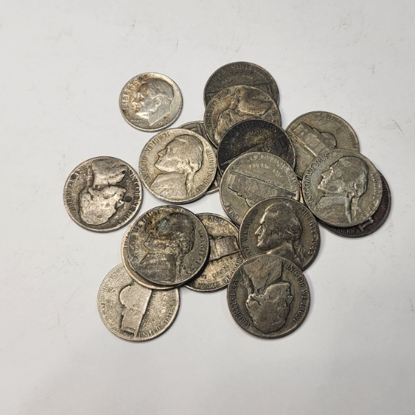 U.S. Silver Coins: $0.85 in 35% Silver Wartime Nickels & $0.10 in 90% Silver 1960 Roosevelt Dime 