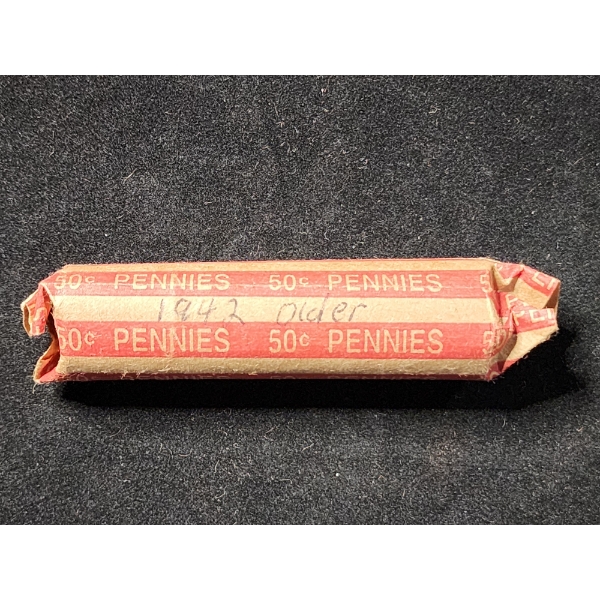 Uncounted & Unsearched Roll Of Wheat Pennies Labeled "1942 Older" 