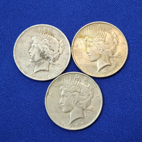 Three 1923 United States Silver Peace Dollars - 90% Silver