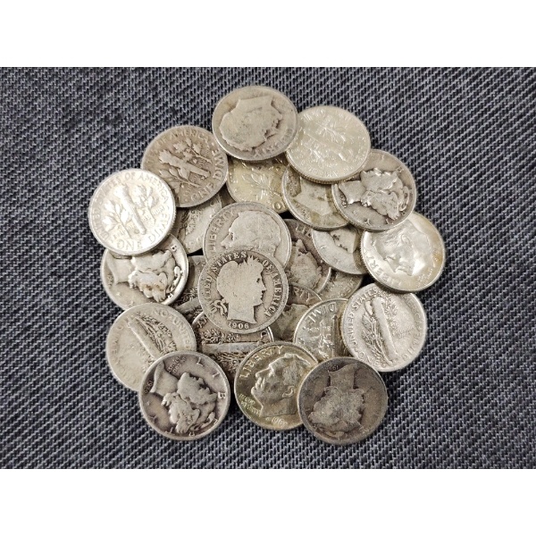 $2.50 in Assorted 90% Silver Dimes Including Barber, Mercury & Roosevelts