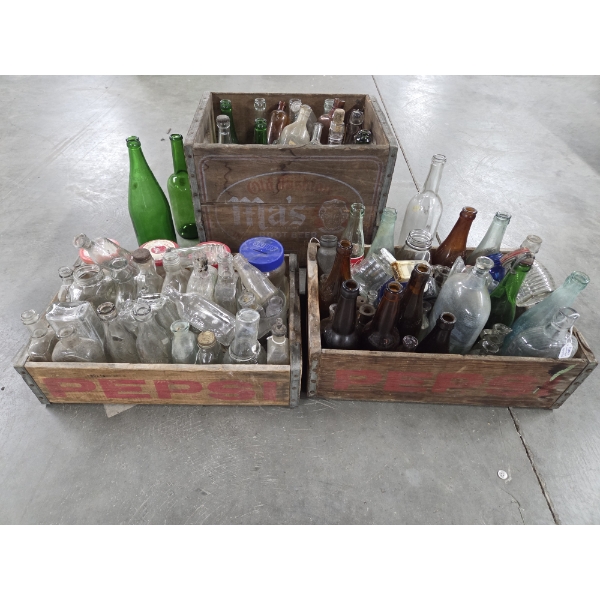 Three Vintage Wood Crates And Large Unbelievable Bottle Collection!
