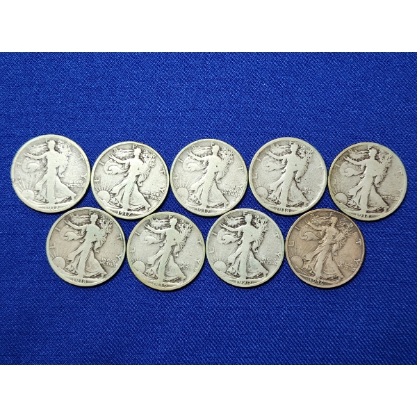 x9 Assorted Years 90% Silver Walking Liberty Half Dollars FV: $4.50