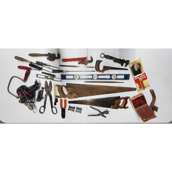 Assorted Tools Including Saws, Levels, Tin Snips, Pipe Wrenches, & More - See Photos!
