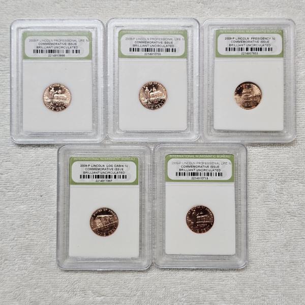 Five INB Brilliant Uncirculated 2009 Lincoln Bicentennial Pennies