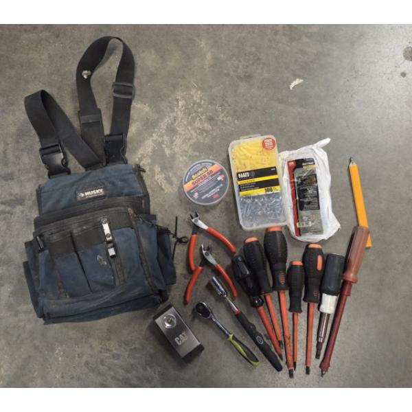 Husky Tool Pouch With Screwdrivers, Snips, Cat Light, Magnet Pick Up Tool, And More!