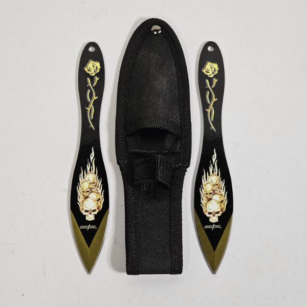 Perfect Point PP-117-2GD Flaming Skull Gold Accent 2-Piece Throwing Knife Set With Nylon Sheath 7.0"