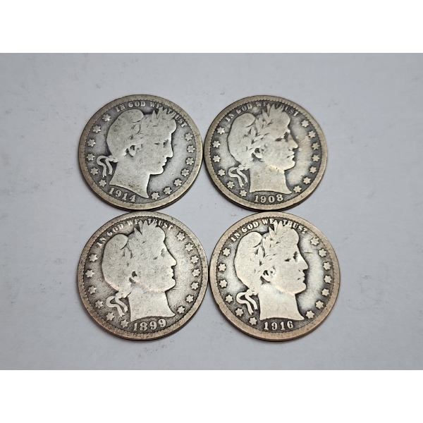 (4) 90% Silver U.S. Barber Quarters - Years 1914, 1899, 1908, 1916 - FV: $1.00