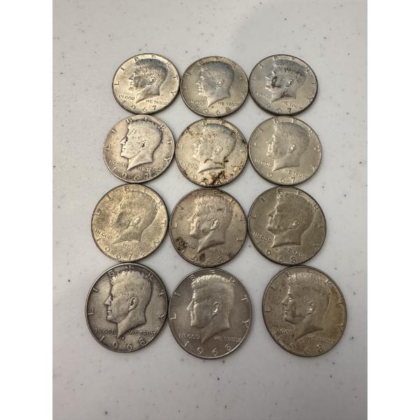 12- Late 1960's 40% Silver Kennedy Half Dollars - Face Value: $6.00