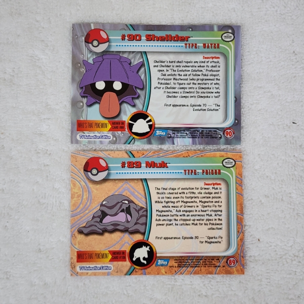 Two Vintage Topps Pokemon Trading Cards Ft. #89 Muk & #90 Shellder