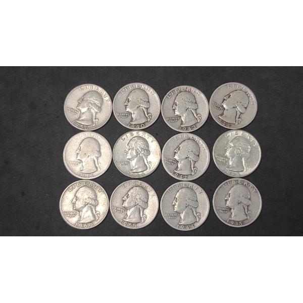 Assorted Years/Mint Marks United States 90% Silver Washington Quarters - Face Value: $3.00