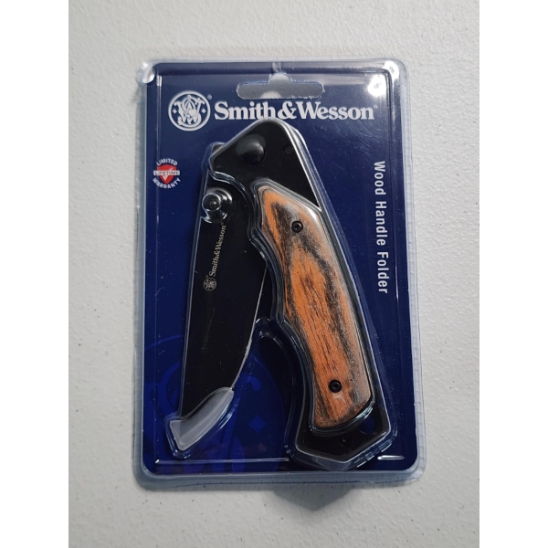 Smith & Wesson Wood Handle Folder Knife Stainless Steel and Wooden 8.5" Long - Mint In Box