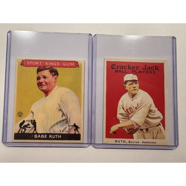 2 - BABE RUTH Goudey & Cracker Jack Throwback Baseball Cards In Protective Holders - Mint Condition